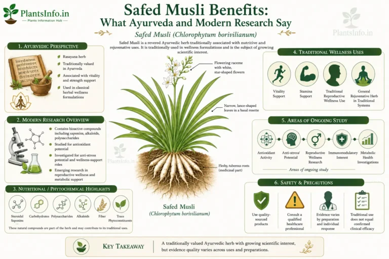 Educational infographic on Safed Musli benefits, traditional Ayurvedic uses, phytochemicals, modern research, and safety precautions for Chlorophytum borivilianum.