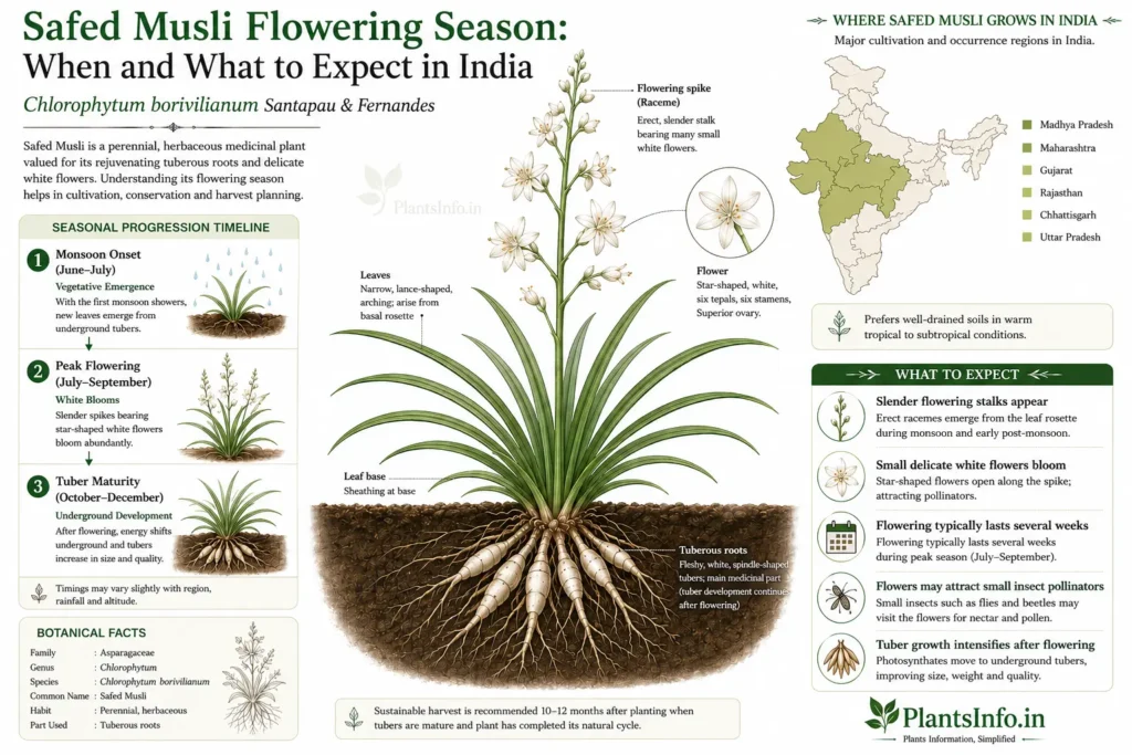 Botanical infographic of Safed Musli (Chlorophytum borivilianum) flowering season in India showing flowering timeline, plant morphology, cultivation regions, and seasonal growth stages.