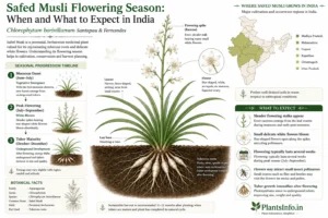Botanical infographic of Safed Musli (Chlorophytum borivilianum) flowering season in India showing flowering timeline, plant morphology, cultivation regions, and seasonal growth stages.