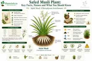 Educational infographic on Safed Musli plant (Chlorophytum borivilianum) showing botanical identity, common names, morphology, habitat, traditional context, and conservation tips.