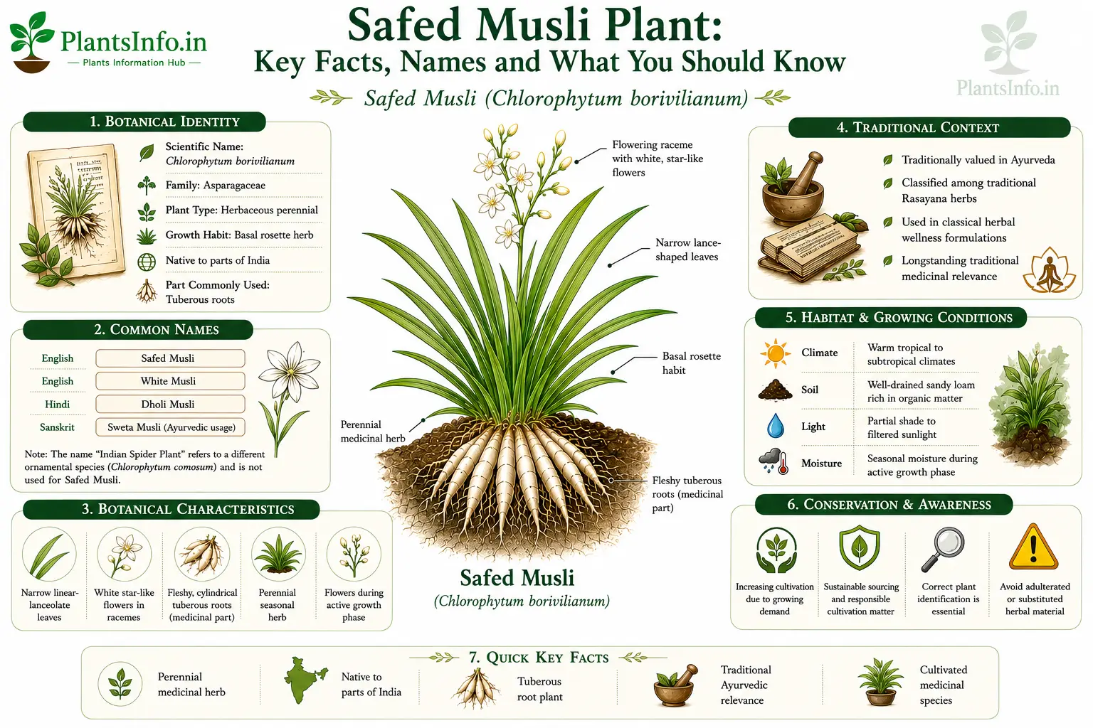 Educational infographic on Safed Musli plant (Chlorophytum borivilianum) showing botanical identity, common names, morphology, habitat, traditional context, and conservation tips.