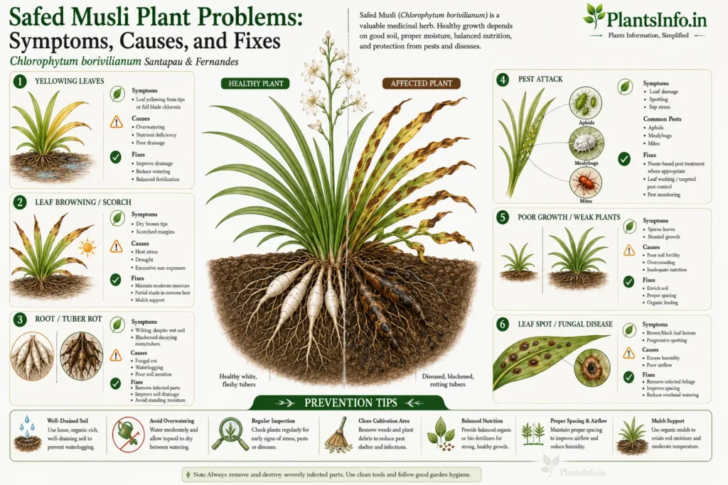 Botanical infographic of Safed Musli (Chlorophytum borivilianum) plant problems showing symptoms, causes, fixes, pest damage, root rot, leaf spots, and prevention tips.