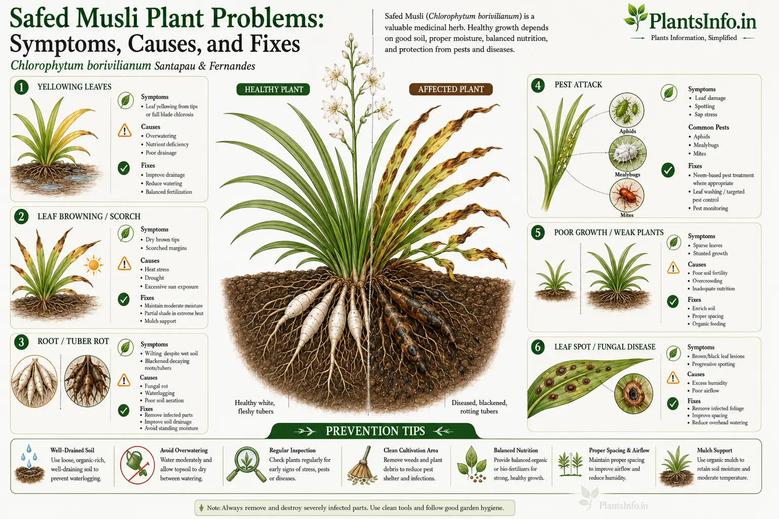 Botanical infographic of Safed Musli (Chlorophytum borivilianum) plant problems showing symptoms, causes, fixes, pest damage, root rot, leaf spots, and prevention tips.