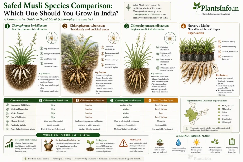 Botanical comparison infographic of Safed Musli (Chlorophytum species) in India showing Chlorophytum borivilianum, C. tuberosum, C. arundinaceum, cultivation suitability, species differences, and buyer guidance.