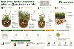 Botanical comparison infographic of Safed Musli (Chlorophytum species) in India showing Chlorophytum borivilianum, C. tuberosum, C. arundinaceum, cultivation suitability, species differences, and buyer guidance.