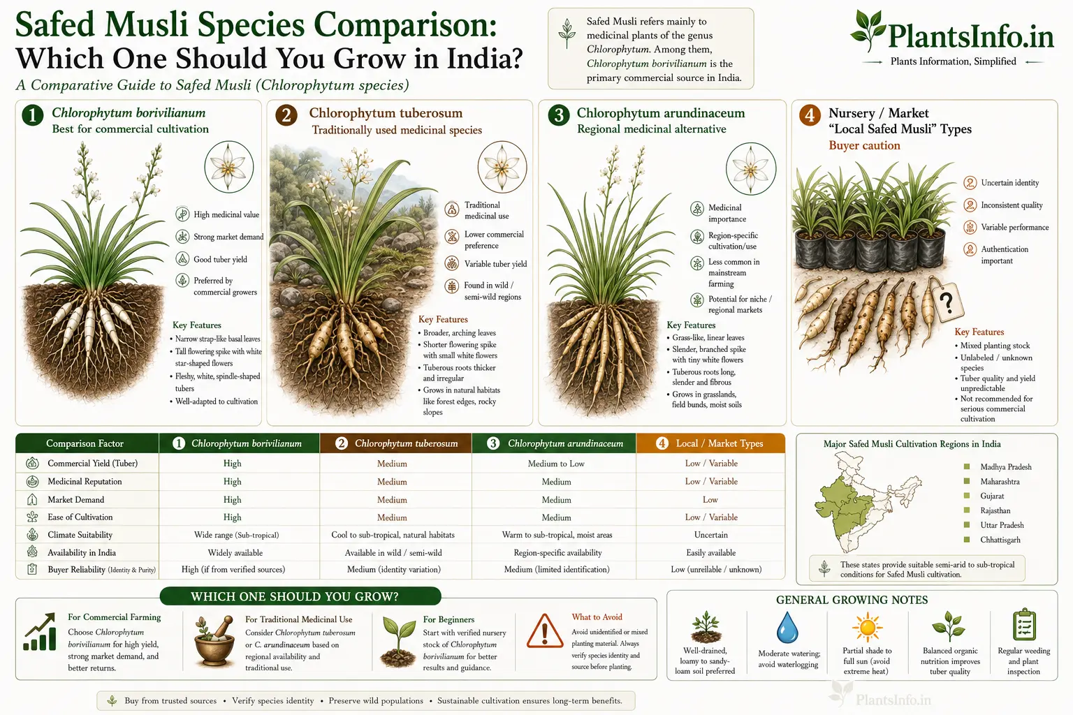 Botanical comparison infographic of Safed Musli (Chlorophytum species) in India showing Chlorophytum borivilianum, C. tuberosum, C. arundinaceum, cultivation suitability, species differences, and buyer guidance.