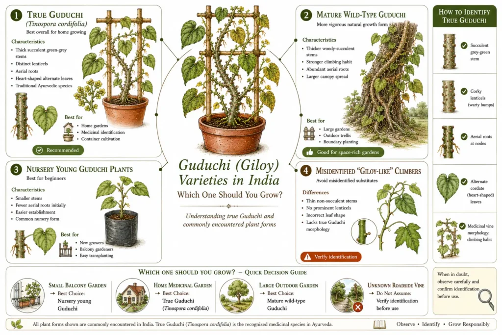 Guduchi identification infographic comparing true Tinospora cordifolia, mature plants, nursery starter plants, and lookalike climbers to help Indian gardeners choose the correct plant.