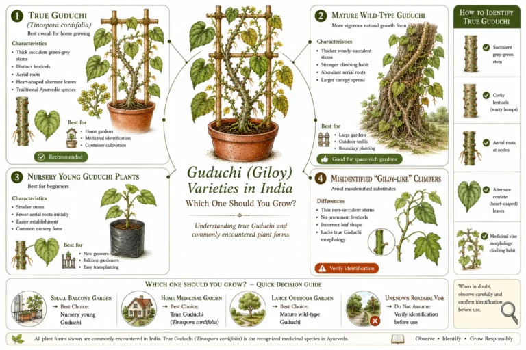 Guduchi identification infographic comparing true Tinospora cordifolia, mature plants, nursery starter plants, and lookalike climbers to help Indian gardeners choose the correct plant.
