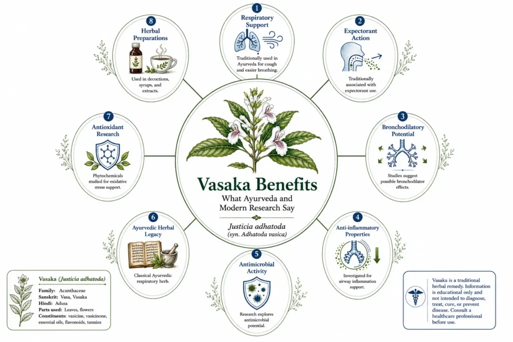 Vasaka (Justicia adhatoda) botanical infographic showing Ayurvedic benefits, respiratory support, expectorant action, bronchodilatory potential, anti-inflammatory, antimicrobial, antioxidant, and herbal preparations