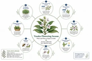 Botanical infographic of Vasaka (Justicia adhatoda) showing flowering season in India, peak blooming months, flower appearance, regional climate variation, pollinator activity, and medicinal plant details