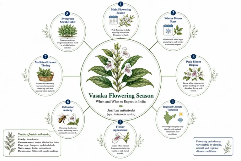Botanical infographic of Vasaka (Justicia adhatoda) showing flowering season in India, peak blooming months, flower appearance, regional climate variation, pollinator activity, and medicinal plant details