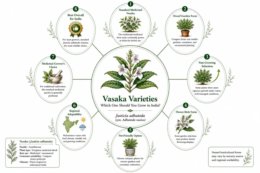 Botanical infographic comparing Vasaka (Justicia adhatoda) growing options in India, including medicinal use, compact container-friendly plants, growth habits, flowering performance, and regional adaptability