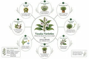 Botanical infographic comparing Vasaka (Justicia adhatoda) growing options in India, including medicinal use, compact container-friendly plants, growth habits, flowering performance, and regional adaptability