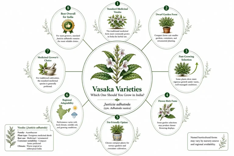 Botanical infographic comparing Vasaka (Justicia adhatoda) growing options in India, including medicinal use, compact container-friendly plants, growth habits, flowering performance, and regional adaptability