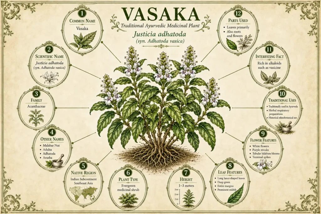 Vasaka plant botanical infographic showing Justicia adhatoda medicinal shrub, key facts, botanical features, traditional Ayurvedic uses, and plant identification details