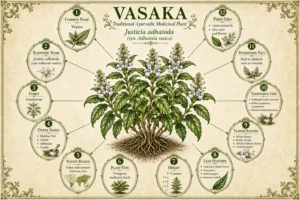 Vasaka plant botanical infographic showing Justicia adhatoda medicinal shrub, key facts, botanical features, traditional Ayurvedic uses, and plant identification details