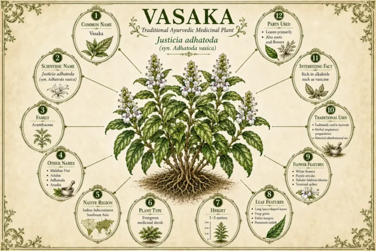 Vasaka plant botanical infographic showing Justicia adhatoda medicinal shrub, key facts, botanical features, traditional Ayurvedic uses, and plant identification details