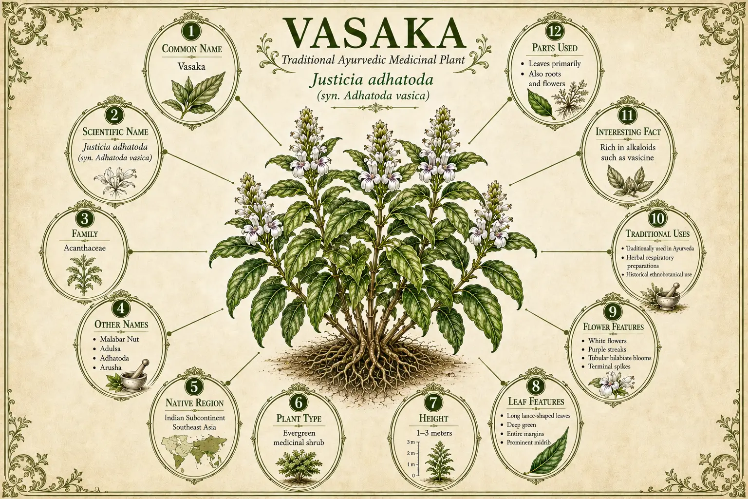 Vasaka plant botanical infographic showing Justicia adhatoda medicinal shrub, key facts, botanical features, traditional Ayurvedic uses, and plant identification details