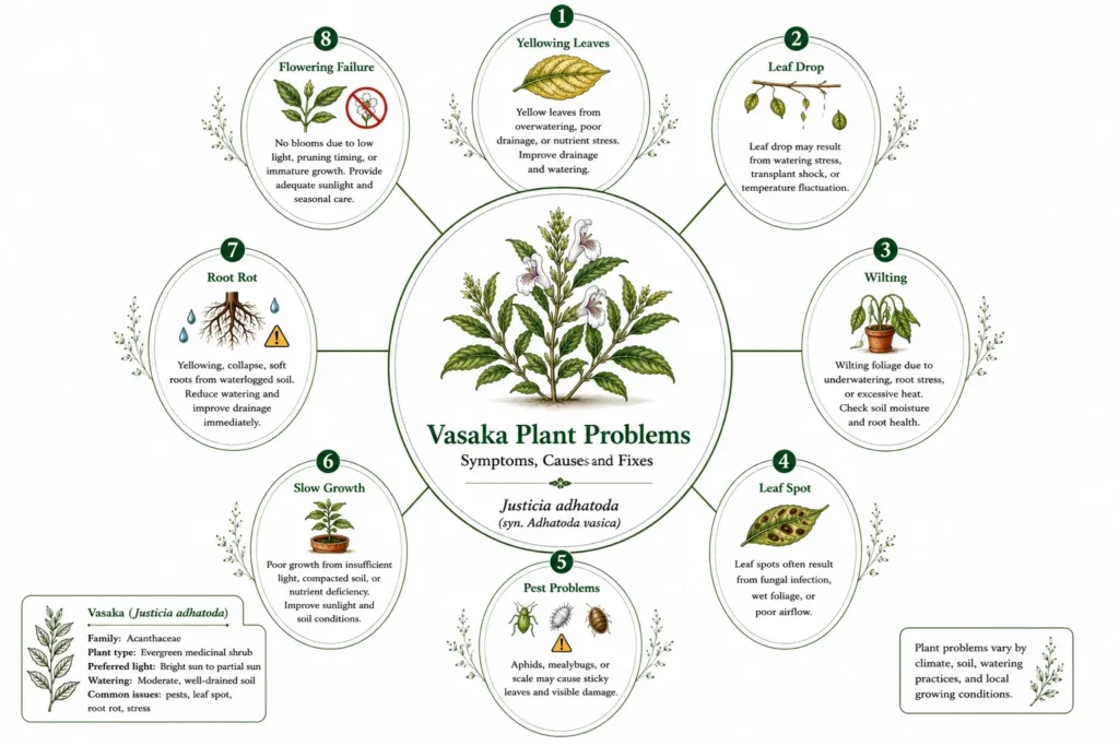Botanical infographic of Vasaka (Justicia adhatoda) showing common plant problems including yellow leaves, leaf drop, wilting, leaf spot, pests, root rot, slow growth, and flowering failure with causes and fixes