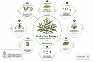 Botanical infographic of Vasaka (Justicia adhatoda) showing common plant problems including yellow leaves, leaf drop, wilting, leaf spot, pests, root rot, slow growth, and flowering failure with causes and fixes