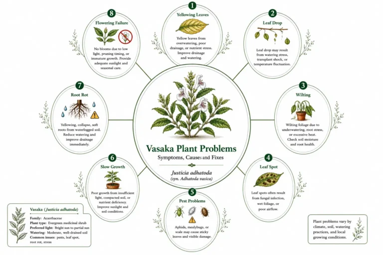 Botanical infographic of Vasaka (Justicia adhatoda) showing common plant problems including yellow leaves, leaf drop, wilting, leaf spot, pests, root rot, slow growth, and flowering failure with causes and fixes