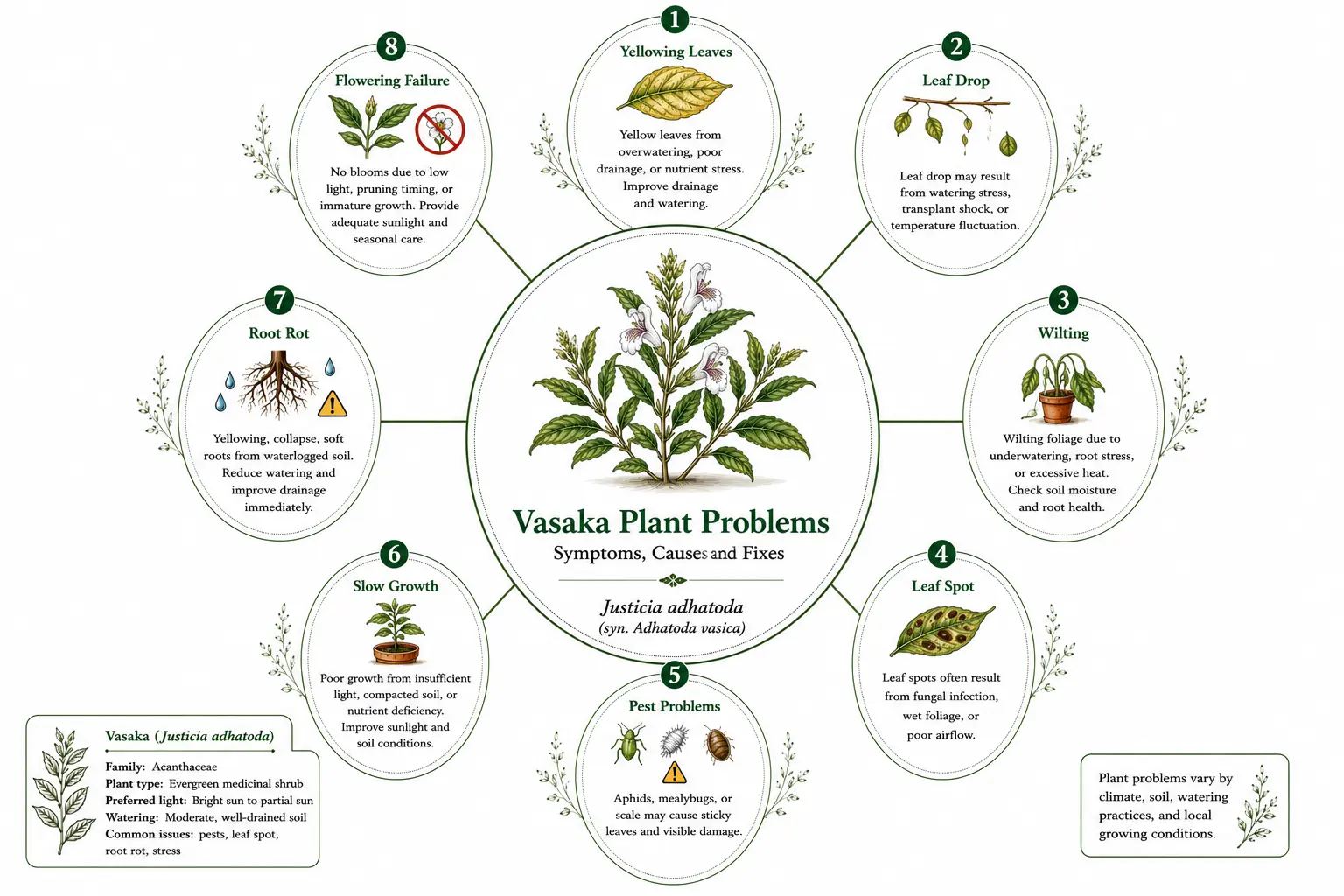 Botanical infographic of Vasaka (Justicia adhatoda) showing common plant problems including yellow leaves, leaf drop, wilting, leaf spot, pests, root rot, slow growth, and flowering failure with causes and fixes