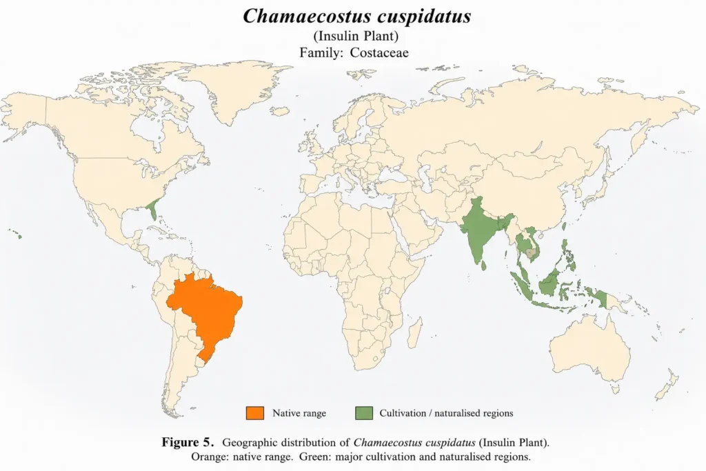 Botanical atlas world map showing the geographic distribution of Chamaecostus cuspidatus (Insulin Plant), with Brazil highlighted in orange as the native range and India, Sri Lanka, Bangladesh, Thailand, Malaysia, Indonesia, Philippines, Singapore, Vietnam, and selected regions of the United States highlighted in green as cultivation and naturalised regions.