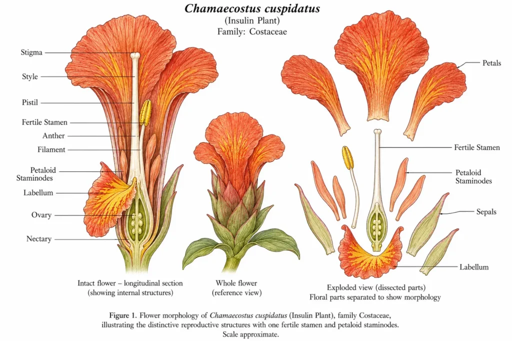 Botanical atlas illustration of Chamaecostus cuspidatus (Insulin Plant) flower morphology showing a longitudinal flower section, exploded floral parts, single fertile stamen, petaloid staminodes, labellum, ovary, stigma, style, sepals, and petals characteristic of the Costaceae family.