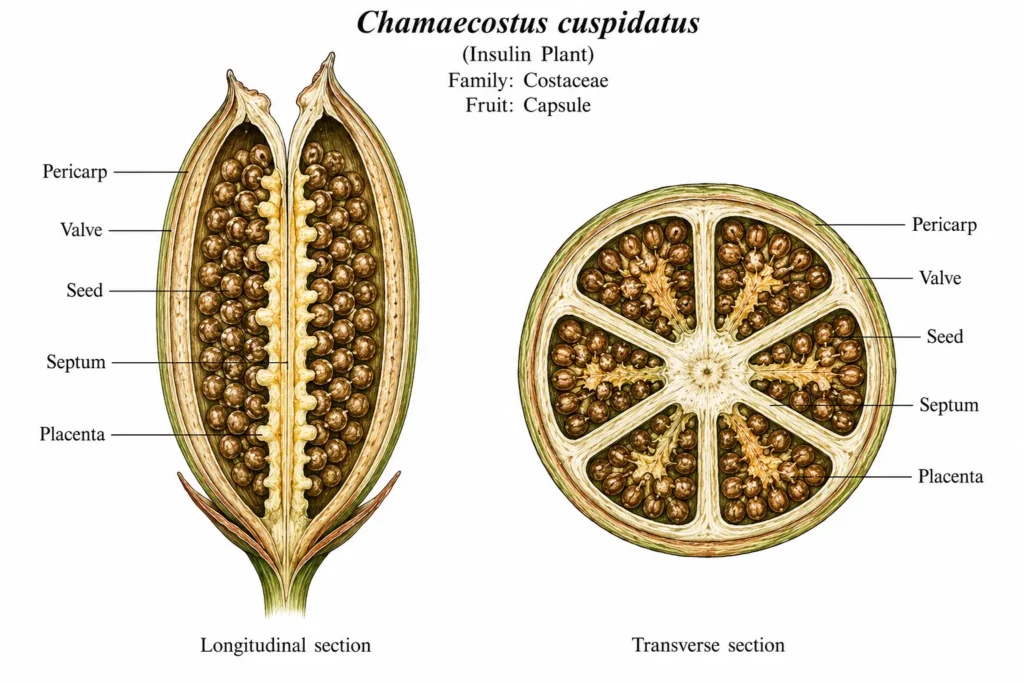 Botanical atlas illustration of Chamaecostus cuspidatus (Insulin Plant) fruit cross-section showing longitudinal and transverse capsule sections with labeled pericarp, valve, seed, septum, and placenta, illustrating the internal anatomy of a multi-seeded capsule fruit.