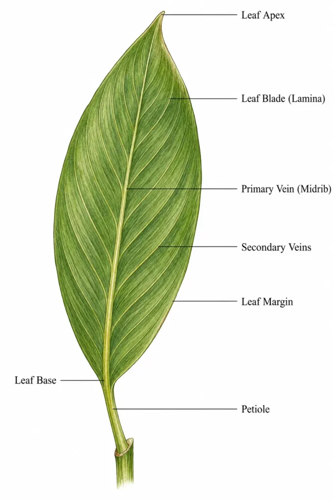 Botanical atlas illustration of Chamaecostus cuspidatus (Insulin Plant) leaf morphology showing a simple elliptic-lanceolate leaf with labeled leaf blade (lamina), petiole, primary vein (midrib), secondary veins, leaf margin, leaf apex, and leaf base characteristic of the Costaceae family.