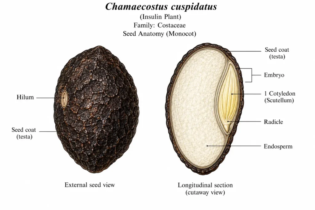 Botanical atlas illustration of Chamaecostus cuspidatus (Insulin Plant) seed anatomy showing a rough-textured dark seed with labeled hilum and seed coat, alongside a longitudinal cutaway section displaying the embryo, single cotyledon (scutellum), radicle, and dominant endosperm characteristic of a monocot seed.