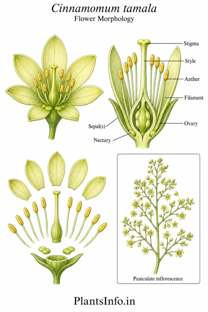 Botanical illustration of the flower morphology of Cinnamomum tamala showing labelled reproductive structures and floral anatomy.
