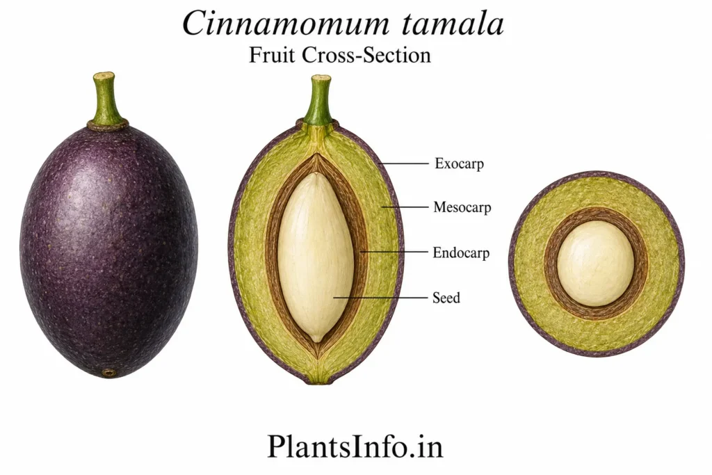 Botanical illustration of the fruit cross-section anatomy of Cinnamomum tamala showing external fruit view, longitudinal section, transverse section, pericarp layers, and seed placement.