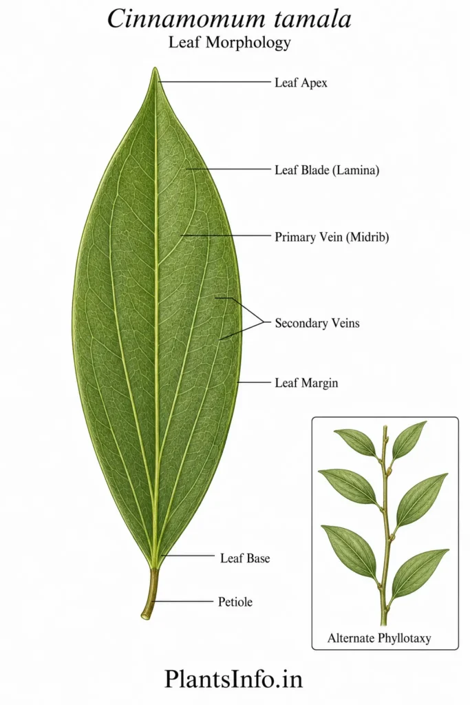 Botanical illustration of the leaf morphology of Cinnamomum tamala showing leaf shape, triplinerved venation, apex, base, alternate phyllotaxy, and labelled structures.