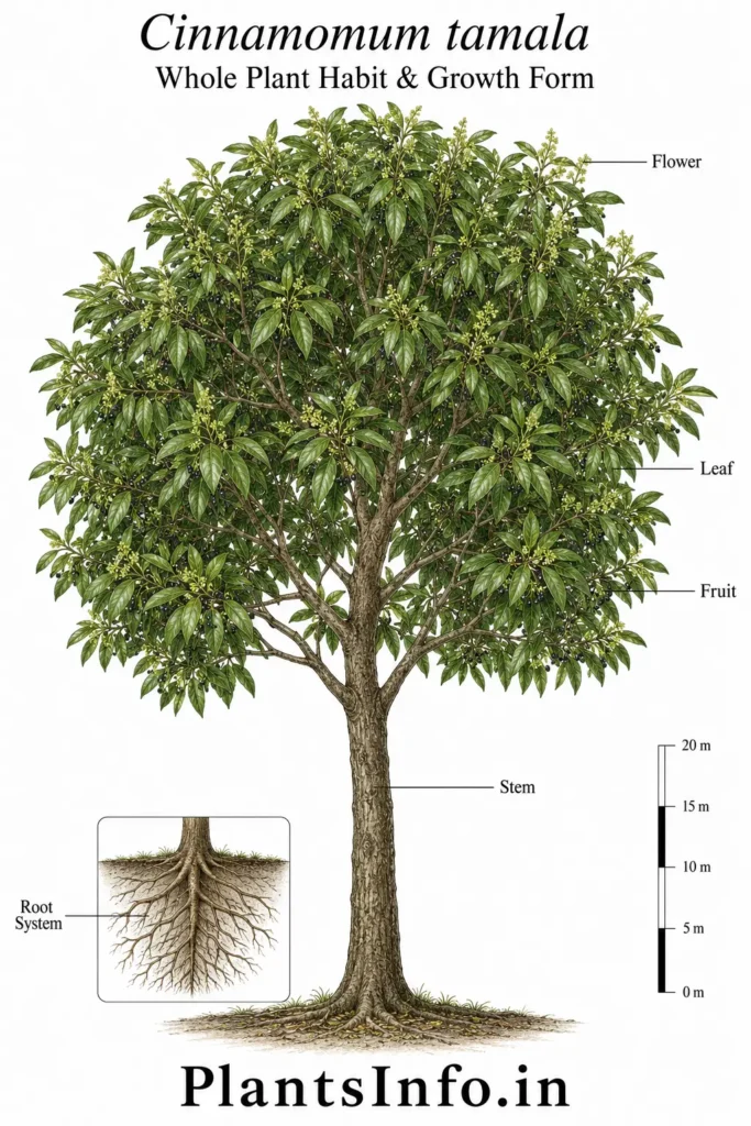 Botanical illustration of the whole plant habit and growth form of Cinnamomum tamala showing mature tree architecture, crown structure, leaves, flowers, fruits, root system inset, and scale reference.
