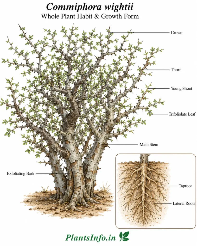 Botanical illustration of Commiphora wightii showing the complete shrub habit, contorted thorn-bearing branches, exfoliating bark, trifoliolate leaves, and root-system inset with taproot and lateral roots.