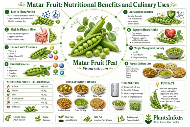 Infographic showing nutritional benefits and culinary uses of green peas (Matar) (Pisum sativum), including protein, fiber, vitamins, minerals, health benefits, nutrition facts, storage tips, and popular Indian dishes.