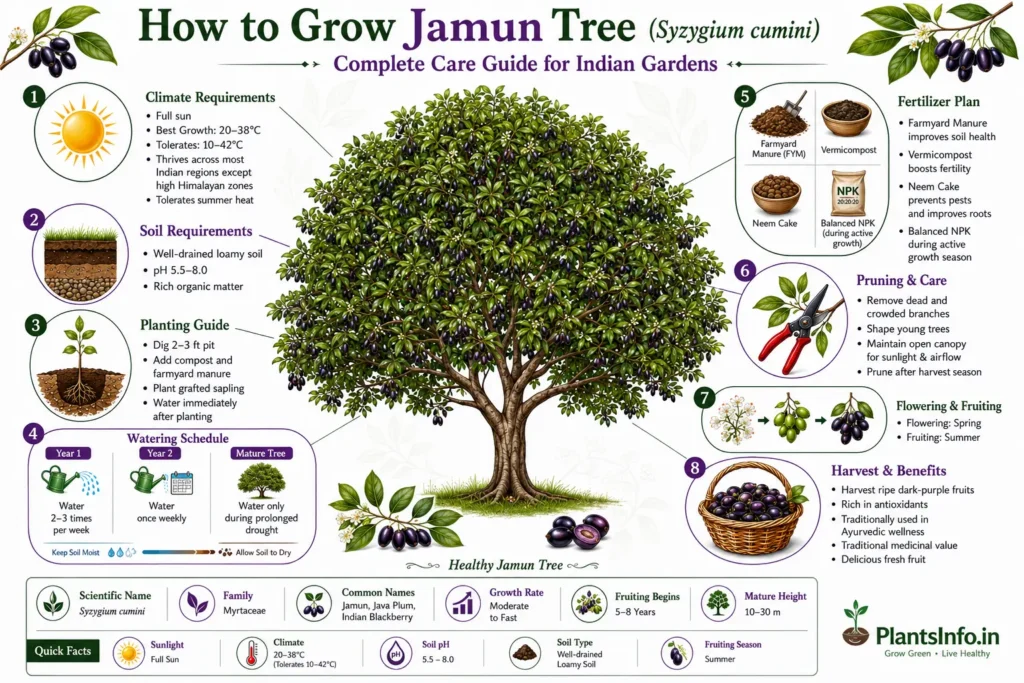Infographic showing how to grow a Jamun tree (Syzygium cumini), including climate, soil, planting, watering, fertilizer, pruning, flowering, fruiting, and harvest care requirements for Indian gardens.