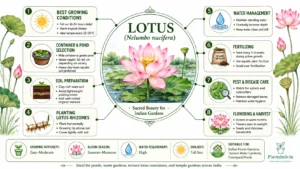 How to grow Lotus (Nelumbo nucifera) in Indian gardens infographic showing sunlight requirements, pond selection, soil preparation, rhizome planting, water management, fertilization, pest control, flowering, and harvesting care.