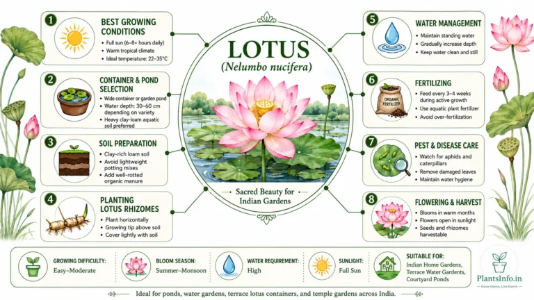 How to grow Lotus (Nelumbo nucifera) in Indian gardens infographic showing sunlight requirements, pond selection, soil preparation, rhizome planting, water management, fertilization, pest control, flowering, and harvesting care.