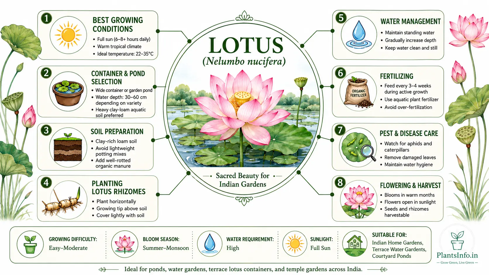 How to grow Lotus (Nelumbo nucifera) in Indian gardens infographic showing sunlight requirements, pond selection, soil preparation, rhizome planting, water management, fertilization, pest control, flowering, and harvesting care.