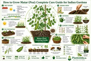 Infographic showing how to grow Matar (Pea) (Pisum sativum) in Indian gardens, including sowing season, sunlight, soil preparation, watering, fertilizer, support, harvesting, germination stages, common problems, container growing, and expected yield.