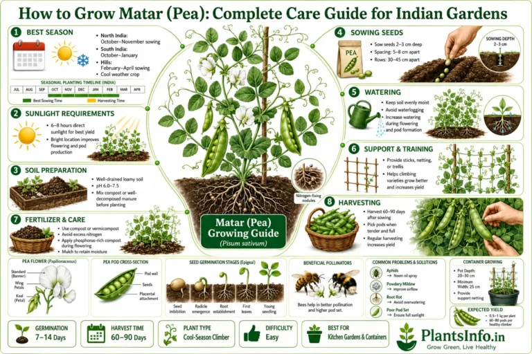 Infographic showing how to grow Matar (Pea) (Pisum sativum) in Indian gardens, including sowing season, sunlight, soil preparation, watering, fertilizer, support, harvesting, germination stages, common problems, container growing, and expected yield.