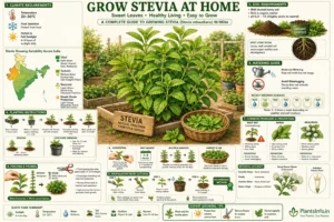 Complete stevia growing guide for Indian gardens showing planting, watering, pruning, propagation, harvesting, pest management, and climate requirements for Stevia rebaudiana.
