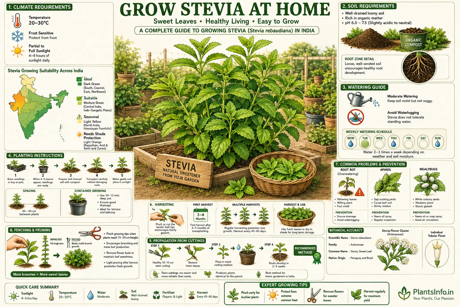 Complete stevia growing guide for Indian gardens showing planting, watering, pruning, propagation, harvesting, pest management, and climate requirements for Stevia rebaudiana.