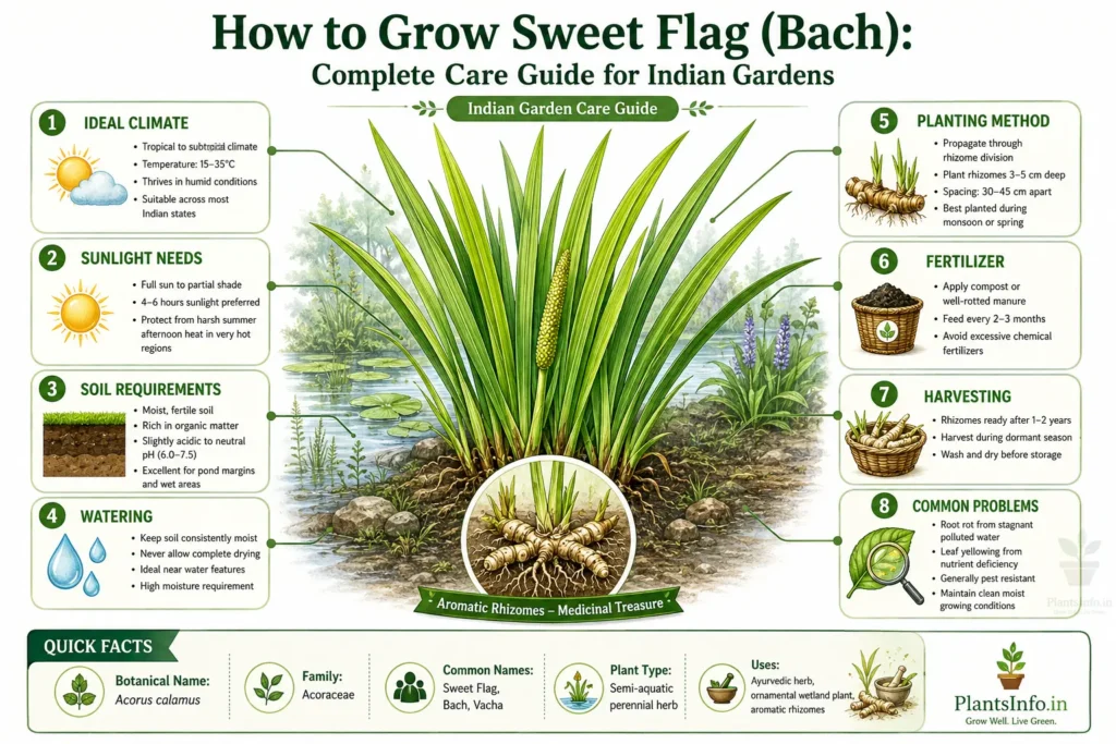 Botanical infographic showing how to grow Sweet Flag (Bach) (Acorus calamus) in Indian gardens, including climate, sunlight, soil, watering, planting, fertilizing, harvesting, common problems, and rhizome care.