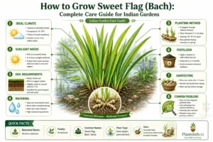 Botanical infographic showing how to grow Sweet Flag (Bach) (Acorus calamus) in Indian gardens, including climate, sunlight, soil, watering, planting, fertilizing, harvesting, common problems, and rhizome care.