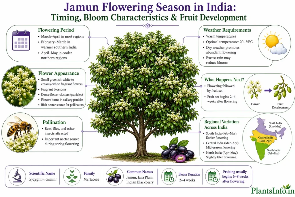 Infographic showing Jamun (Syzygium cumini) flowering season in India, including flowering months, flower characteristics, pollination, weather requirements, regional variation, bloom duration, and fruit development timeline.