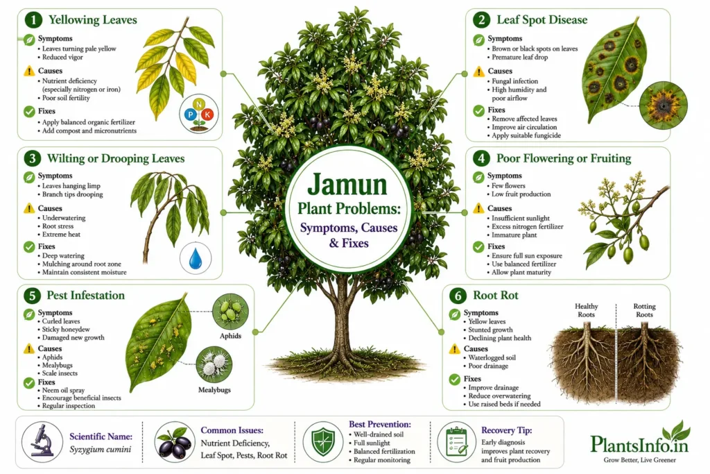Infographic showing common Jamun plant problems, including yellowing leaves, leaf spot disease, wilting, poor flowering, pest infestation, and root rot, with symptoms, causes, and treatment solutions for Syzygium cumini.