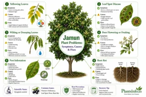 Infographic showing common Jamun plant problems, including yellowing leaves, leaf spot disease, wilting, poor flowering, pest infestation, and root rot, with symptoms, causes, and treatment solutions for Syzygium cumini.